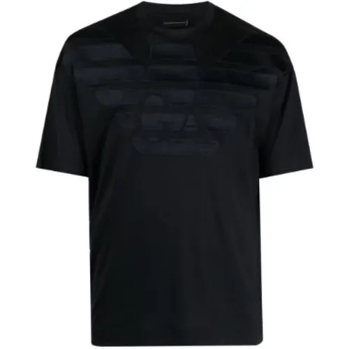 Navy Short Sleeve T-shirt with Embroidered Eagle Logo , male, Sizes: M - Emporio Armani - Modalova