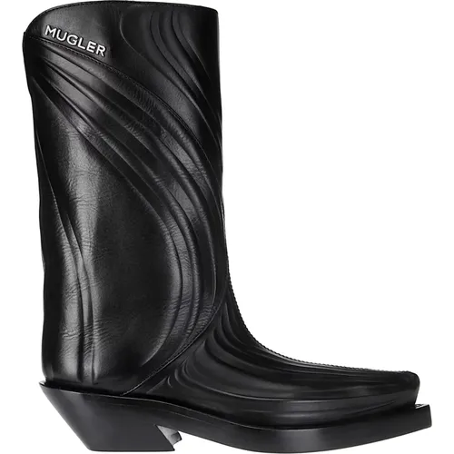 Cowboy Boots, female, , Size: 10 US Pointed Leather Texan Boot with Metallic Logo - Mugler - Modalova