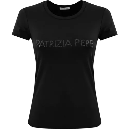 Schwarzes Logo T-Shirt mit Strass , Damen, Größe: L - PATRIZIA PEPE - Modalova