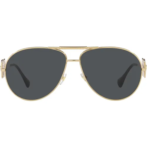 Metal Pilot Sunglasses with Dark Grey Lens and Gold Frame , unisex, Sizes: 65 MM - Versace - Modalova