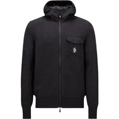 Zip-throughs, male, , Size: XL Grey Wool Zip-Up Hoodie - Moncler - Modalova