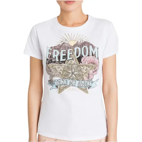 Cotton T-Shirt with Print and Rhinestones , female, Sizes: L - Twinset - Modalova