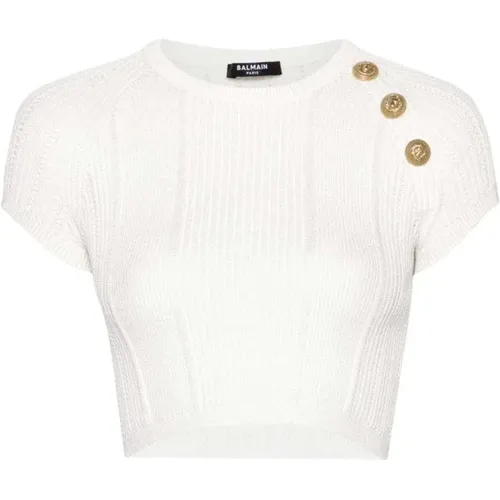 Button open-knit cropped top , female, Sizes: S, XS - Balmain - Modalova