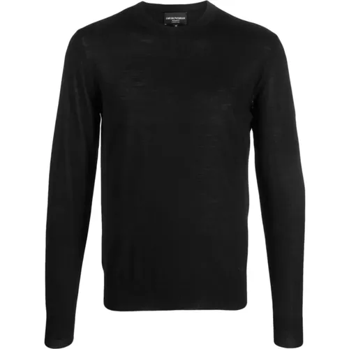 Schwarzer Pullover mit gesticktem Logo und Rundhalsausschnitt , Herren, Größe: L - Emporio Armani - Modalova