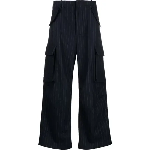 Wide Trousers, male, , Size: L Navy Cashmere Striped Wide Leg Trousers - Laneus - Modalova