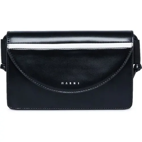 Schwarze Polyester-Logodruck-Schultertasche,Schwarze Damen Pochette mit Glänzendem Finish - Marni - Modalova