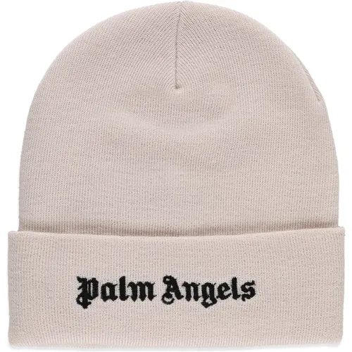 Rosa Wollmütze mit Besticktem Logo,Weiße Wollstrickmütze mit Logo - Palm Angels - Modalova
