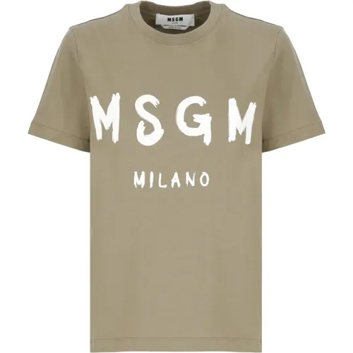 Grünes Baumwoll-T-Shirt Rundhals-Logo , Damen, Größe: L - MSGM - Modalova