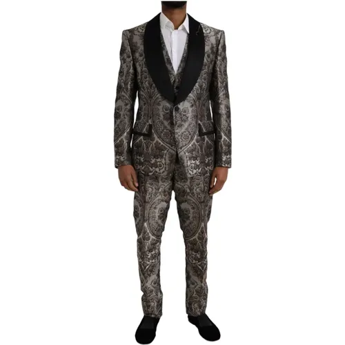 Single Breasted Suits, male, , Size: 2XL Brown Floral Jacquard 3-Piece Suit - Dolce & Gabbana - Modalova