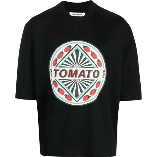 Schwarzes T-Shirt mit Tomatenillustration , Herren, Größe: L - Henrik Vibskov - Modalova