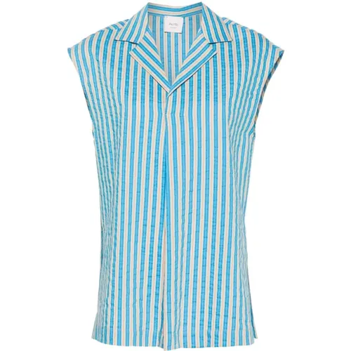 Blue Pinstripe V-Neck Sleeveless Top , female, Sizes: XS, L - Alysi - Modalova