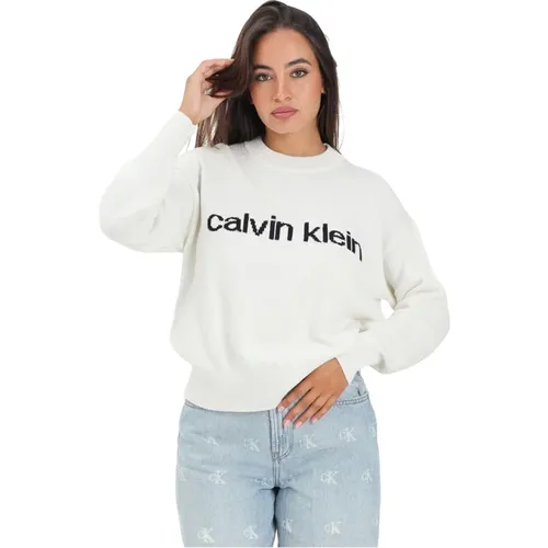 Round-neck Knitwear, female, , Size: XS Sweater with Ribbed Finish - Calvin Klein Jeans - Modalova