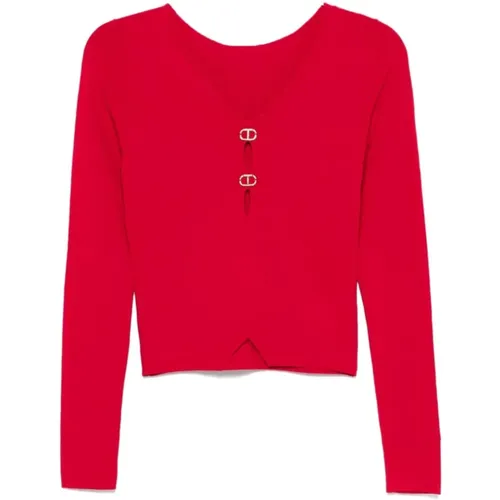 Roter V-Ausschnitt Pullover mit Applikation , Damen, Größe: M - Twinset - Modalova