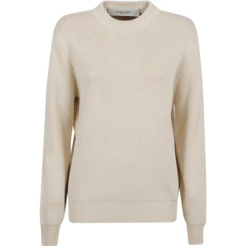 Round-neck Knitwear, female, , Size: M Cream Ribbed Knit Sweater - Golden Goose - Modalova