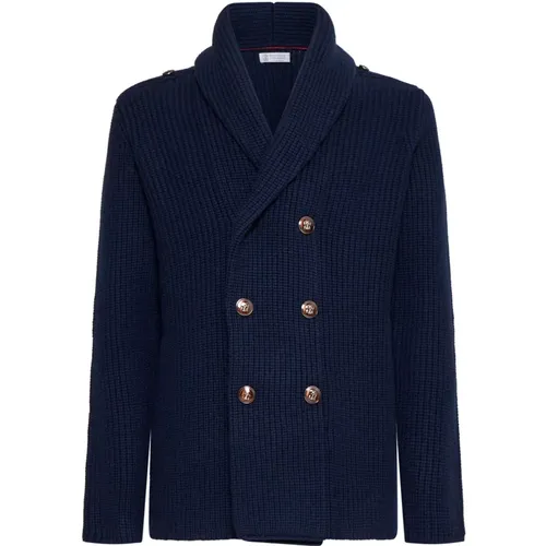 Cardigans, male, , Size: L Navy Blazer Cardigan Sweater - BRUNELLO CUCINELLI - Modalova