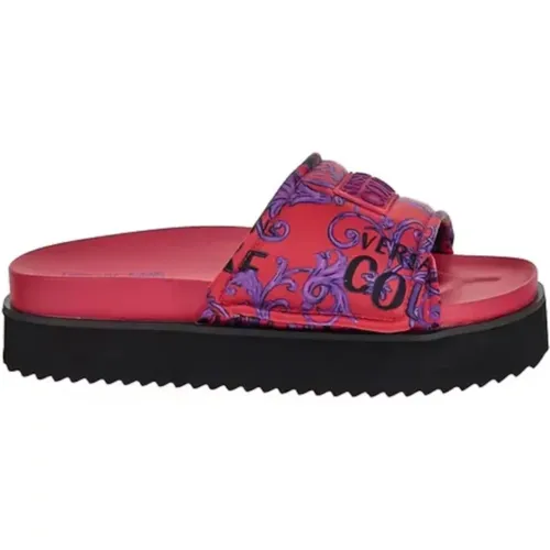 Sliders, female, , Size: 7 US Fuchsia Satin Logo Sliders - Size 37 - Versace Jeans Couture - Modalova