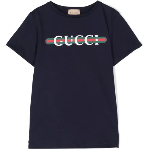 Kinder Logo Print T-shirts,Blauer Baumwoll-Logo-Print-T-Shirt - Gucci - Modalova