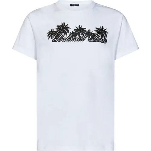 T-Shirts, male, , Size: L Palm Tree Logo T-Shirt - Balmain - Modalova