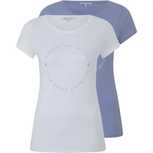 Basic T-Shirt 2er-Pack mit Logo-Print , Damen, Größe: 2XL - Tom Tailor - Modalova