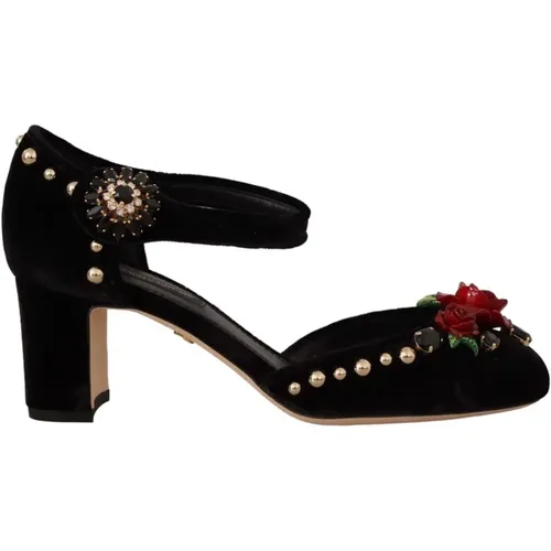 Schwarze Knöchelriemen Absatzsandalen mit Verzierung - Dolce & Gabbana - Modalova