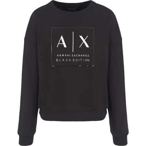 Schwarzer Logo Pullover Rundhals Langarm , Damen, Größe: S - Armani Exchange - Modalova