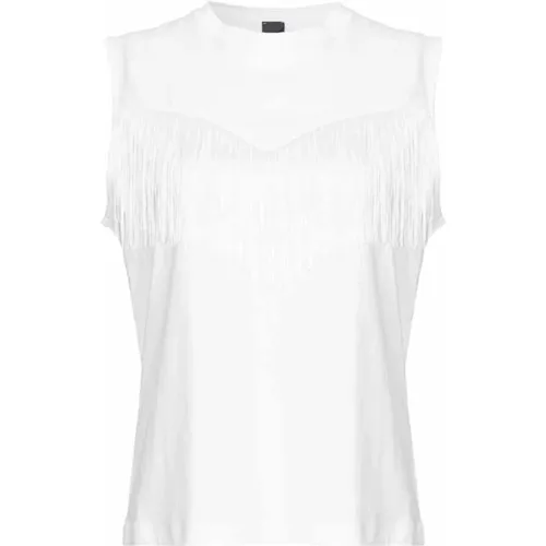 Weißes ärmelloses Baumwoll-T-Shirt mit Fransendetail - pinko - Modalova