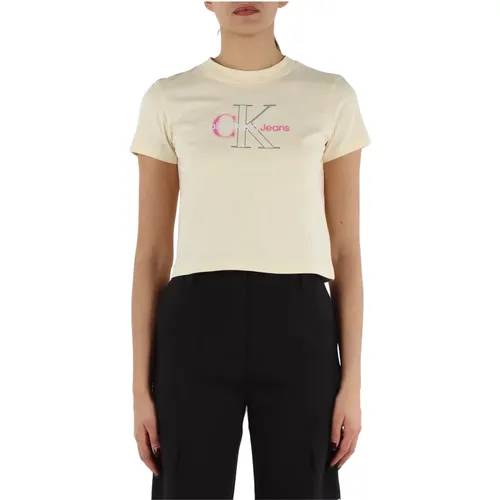 Gekürztes Baumwoll-T-Shirt mit Frontlogo-Print , Damen, Größe: M - Calvin Klein Jeans - Modalova