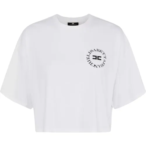 Gekürztes Logo-Print Baumwoll-T-Shirt , Damen, Größe: L - Elisabetta Franchi - Modalova