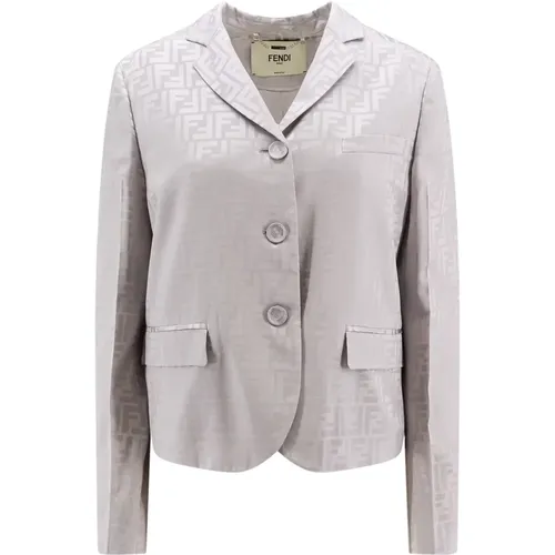 Blazers, female, , Size: M Grey Silk Blazer with FF Motif - Fendi - Modalova