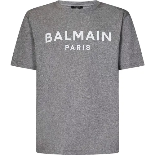 Grey Melange Cotton T-Shirt with Logo Print , male, Sizes: M, S, L - Balmain - Modalova