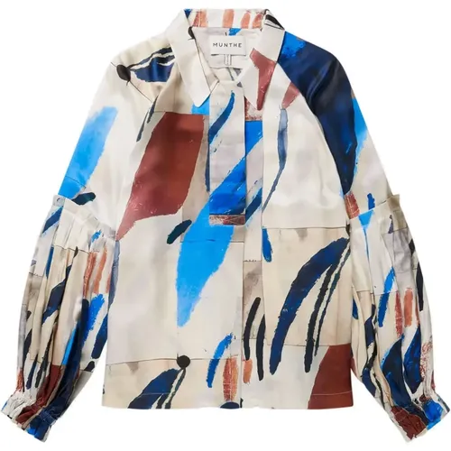 Beautiful Silk Shirt with Puff Sleeves and Abstract Print , female, Sizes: L, S, M, XL, XS, 2XS - Munthe - Modalova