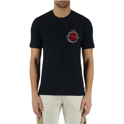 Baumwoll T-Shirt mit Frontlogo-Stickerei , Herren, Größe: M - aeronautica militare - Modalova