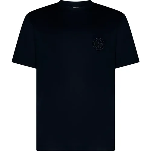 Blaue Baumwoll Logo Bestickte T-shirts - Giorgio Armani - Modalova
