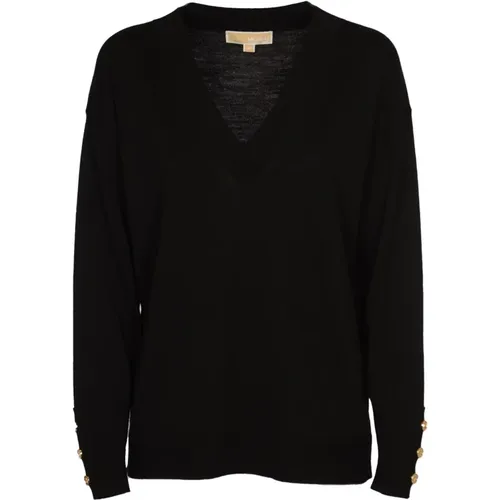 Schwarzer Merino Pullover mit Knopfärmeln , Damen, Größe: M - Michael Kors - Modalova