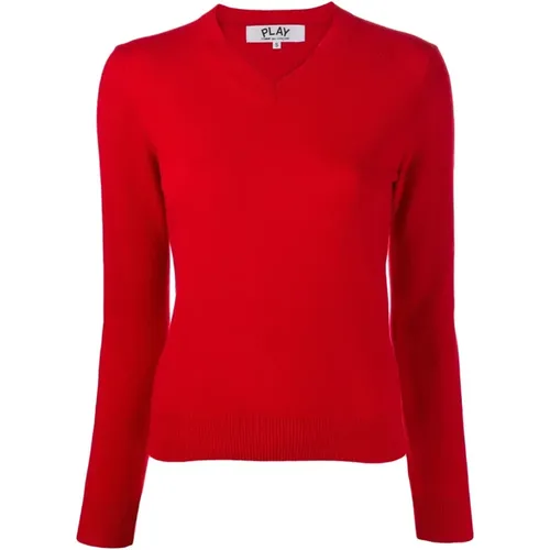 Roter V-Ausschnitt Pullover mit Herz , Damen, Größe: L - Comme des Garçons Play - Modalova