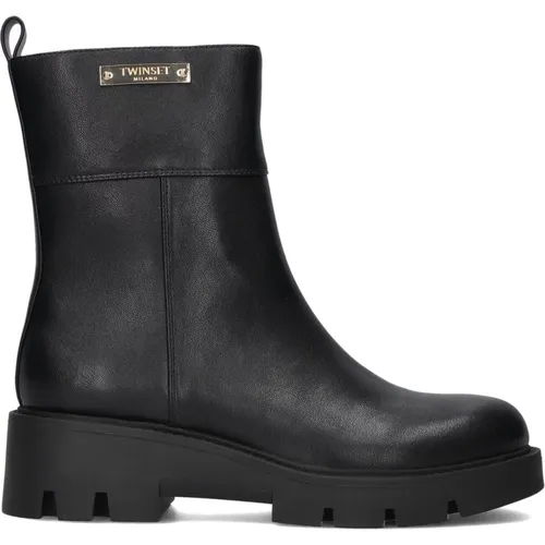 Schwarze Stiefeletten mit Goldemblem , Damen, Größe: 37 EU - Twinset - Modalova