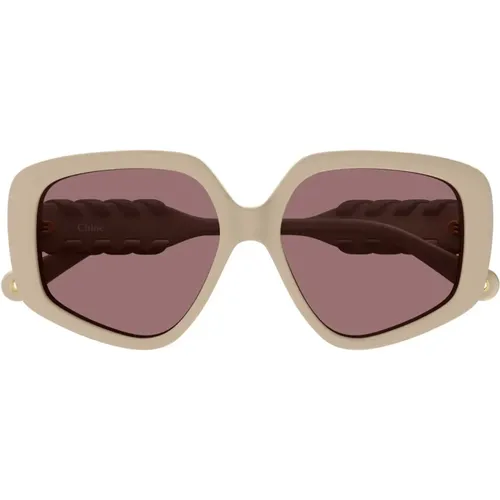 Geometric Oversized Sunglasses with Leather Detail , female, Sizes: 56 MM - Chloé - Modalova