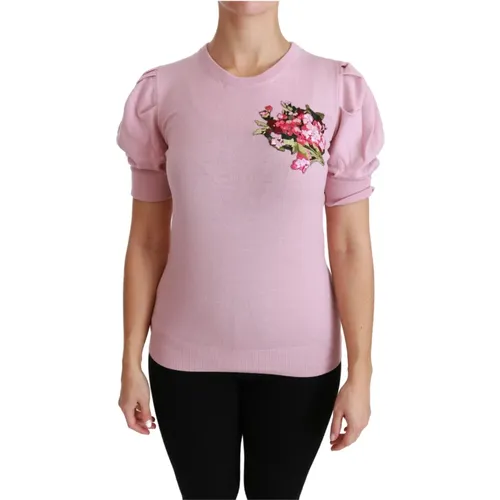 Rosa Blumengestickte Wollbluse Top , Damen, Größe: L - Dolce & Gabbana - Modalova