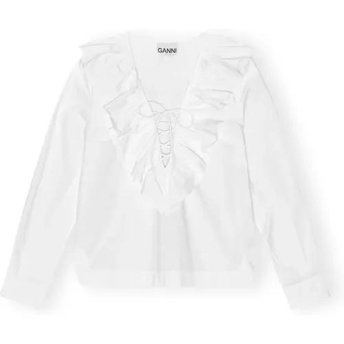 Weiße Baumwoll Popeline Rüschen V-Ausschnitt Bluse , Damen, Größe: L - Ganni - Modalova