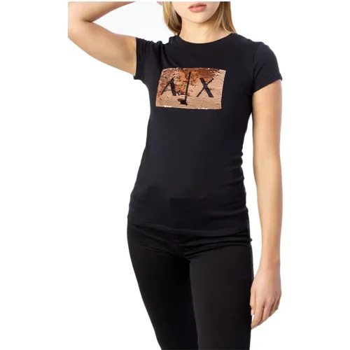 Schwarzes Bedrucktes Kurzarm-T-Shirt , Damen, Größe: XS - Armani Exchange - Modalova