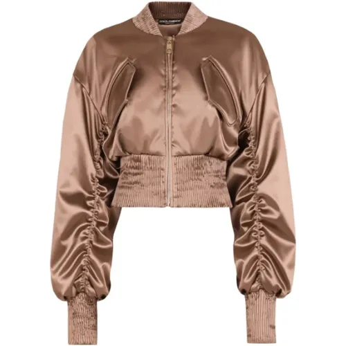 Stylish Brown Ruched Bomber Jacket , female, Sizes: XS - Dolce & Gabbana - Modalova