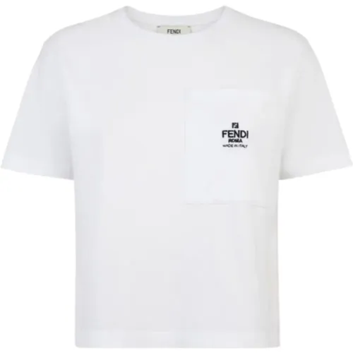 Kurzarm Baumwoll-Jersey T-Shirt mit Schwarzer Roma Tasche , Damen, Größe: M - Fendi - Modalova