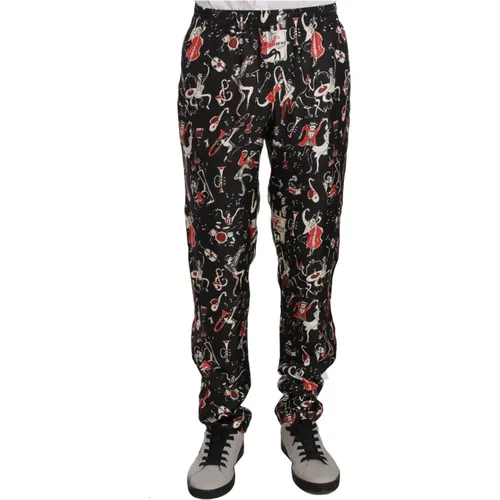 Slim-fit Trousers, male, , Size: M Elegant Black Silk Lounge Pants with Red Print - Dolce & Gabbana - Modalova