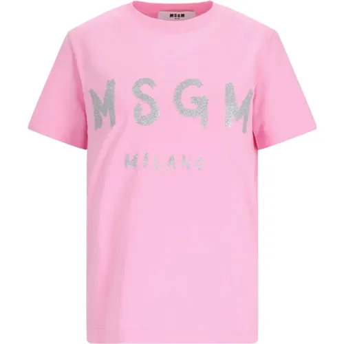 Rosa Glitzer Logo T-shirt , Damen, Größe: XS - Msgm - Modalova