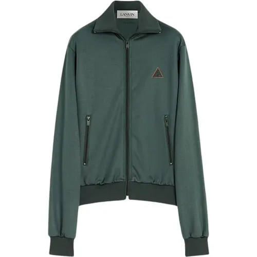 Zip-throughs, male, , Size: S Dark Wool Blouson with Triangle Logo Embroidery - Lanvin - Modalova
