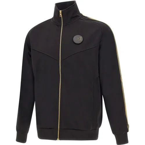 Schwarzer Baumwoll-Sweatshirt mit Goldreißverschluss , Herren, Größe: M - Emporio Armani EA7 - Modalova