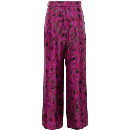 Wide Trousers, female, , Size: M Fuchsia Silk Brush-Stroke Print Trousers - Lanvin - Modalova