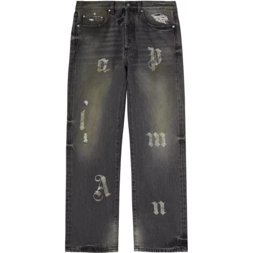 Straight Jeans, male, , Size: W34 Grey Denim Jeans with Logo Patches - Palm Angels - Modalova