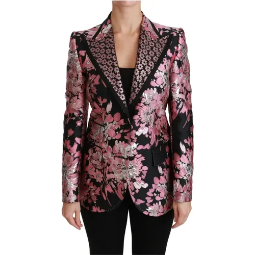 Blazers, female, , Size: 2XL Black Pink Jacquard Slim Fit Blazer - Dolce & Gabbana - Modalova