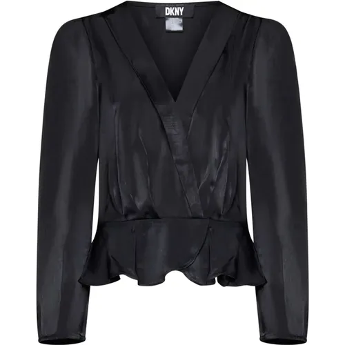 Schwarze Satin Falten Detail Bluse , Damen, Größe: S - DKNY - Modalova